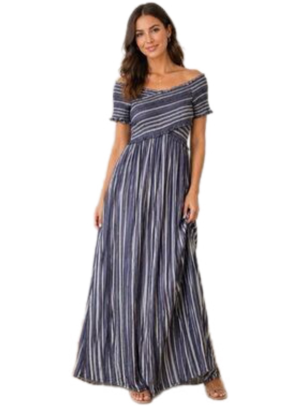 Japna Off-Shoulder Maxi Dress in Navy and White Small